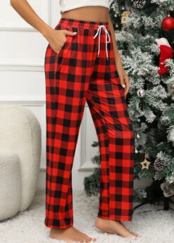 Red Pocket Plaid Drawastring High Waisted Pants -Modlily Shop 343158 P 16969384667592