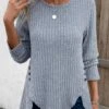 Dusty Blue Split Long Sleeve Round Neck T Shirt -Modlily Shop 343230 P 16966732170720