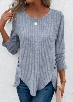 Dusty Blue Split Long Sleeve Round Neck T Shirt -Modlily Shop 343230 P 16966732177094