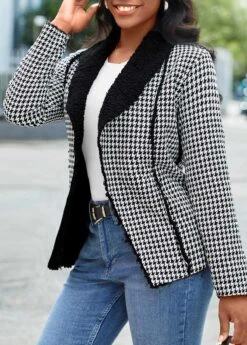 Black Patchwork Plaid Long Sleeve Lapel Coat -Modlily Shop 343241 P 16975966947532