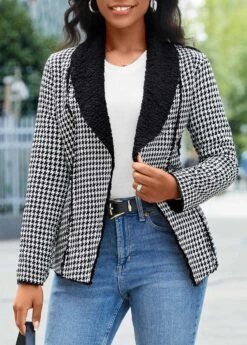 Black Patchwork Plaid Long Sleeve Lapel Coat