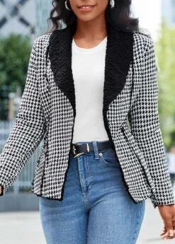 Black Patchwork Plaid Long Sleeve Lapel Coat -Modlily Shop 343241 P 16975966949483