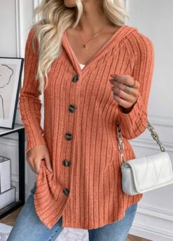 Orange Button Long Sleeve Hooded Coat -Modlily Shop 343263 P 16953483301695