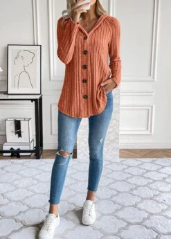 Orange Button Long Sleeve Hooded Coat -Modlily Shop 343263 P 16953483308214