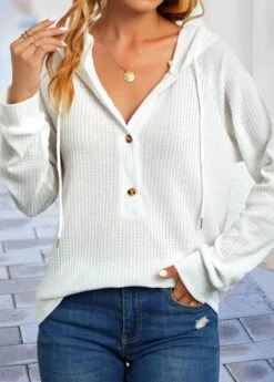 White Drawstring Button Long Sleeve Hoodie -Modlily Shop 343315 P 16987493190024