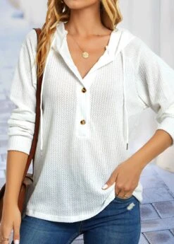 White Drawstring Button Long Sleeve Hoodie -Modlily Shop 343315 P 16987493194622