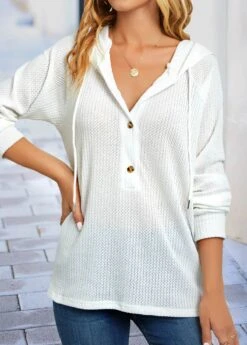 White Drawstring Button Long Sleeve Hoodie -Modlily Shop 343315 P 16987493194853