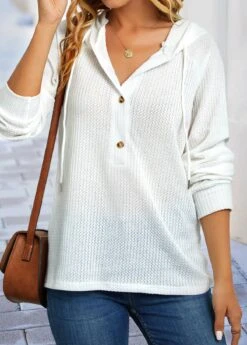 White Drawstring Button Long Sleeve Hoodie