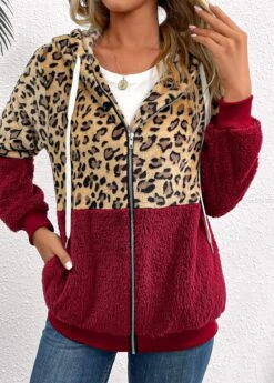 Wine Red Patchwork Leopard Long Sleeve Hooded Coat -Modlily Shop 343317 P 16974524971615