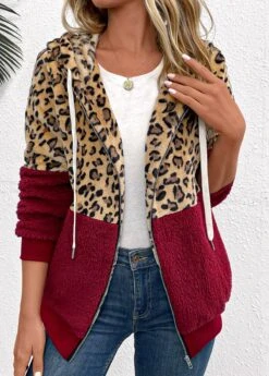Wine Red Patchwork Leopard Long Sleeve Hooded Coat -Modlily Shop 343317 P 16974524972360