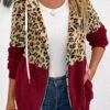 Wine Red Patchwork Leopard Long Sleeve Hooded Coat