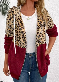 Wine Red Patchwork Leopard Long Sleeve Hooded Coat