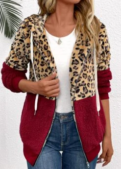 Wine Red Patchwork Leopard Long Sleeve Hooded Coat -Modlily Shop 343317 P 16974524975523