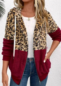 Wine Red Patchwork Leopard Long Sleeve Hooded Coat -Modlily Shop 343317 P 16974524976854