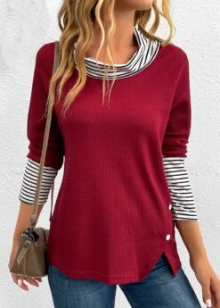 Wine Red Button Striped Long Sleeve T Shirt -Modlily Shop 343320 P 16976796211313