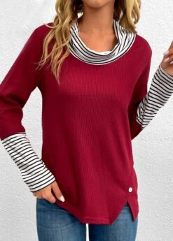 Wine Red Button Striped Long Sleeve T Shirt -Modlily Shop 343320 P 16976796212484