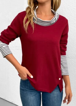 Wine Red Button Striped Long Sleeve T Shirt -Modlily Shop 343320 P 16976796213762