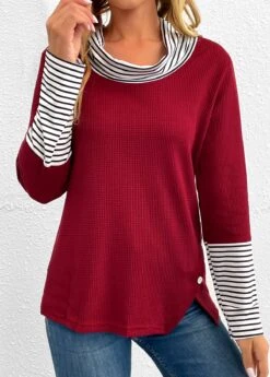Wine Red Button Striped Long Sleeve T Shirt -Modlily Shop 343320 P 16976796216375