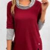 Wine Red Button Striped Long Sleeve T Shirt 1 Wine Red Button Striped Long Sleeve T Shirt -Modlily Shop 343320 P 16976796218310