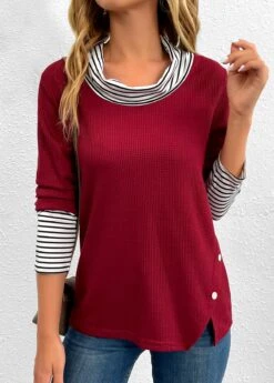 Wine Red Button Striped Long Sleeve T Shirt