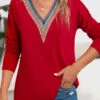 Red Patchwork Long Sleeve V Neck T Shirt -Modlily Shop 343330 P 16971120224100