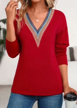 Red Patchwork Long Sleeve V Neck T Shirt -Modlily Shop 343330 P 16971120227902