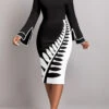 Black Split Leaf Print Long Sleeve Dress -Modlily Shop 343342 P 1695552957256