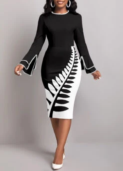 Black Split Leaf Print Long Sleeve Dress