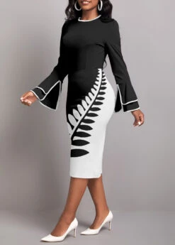 Black Split Leaf Print Long Sleeve Dress -Modlily Shop 343342 P 1695552958249
