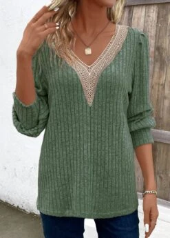 Green Patchwork Long Sleeve V Neck T Shirt 10 Green Patchwork Long Sleeve V Neck T Shirt -Modlily Shop 343441 P 16956187048340
