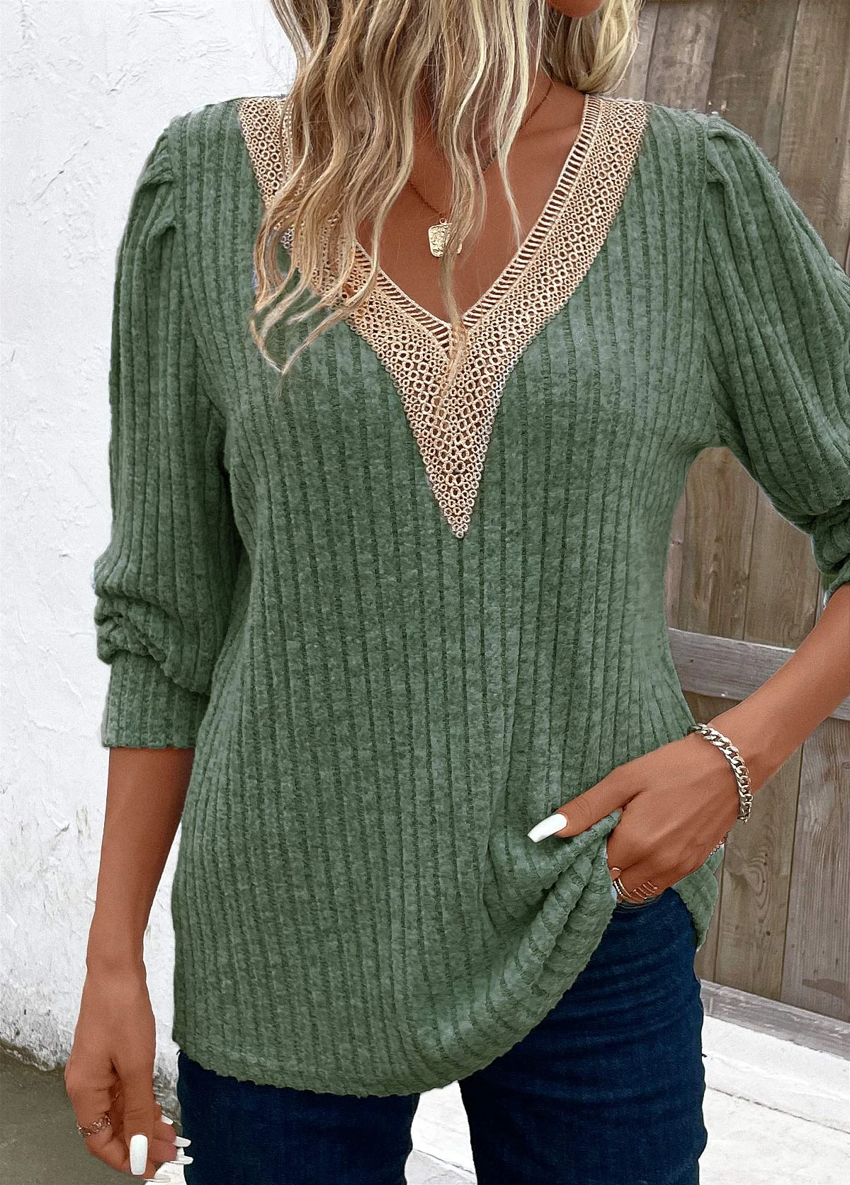 Green Patchwork Long Sleeve V Neck T Shirt 3 Green Patchwork Long Sleeve V Neck T Shirt