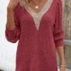Wine Red Patchwork Long Sleeve V Neck T Shirt 2 Wine Red Patchwork Long Sleeve V Neck T Shirt -Modlily Shop 343442 P 16956187083150