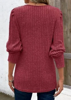 Wine Red Patchwork Long Sleeve V Neck T Shirt -Modlily Shop 343442 P 16956187088081