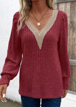 Wine Red Patchwork Long Sleeve V Neck T Shirt -Modlily Shop 343442 P 16956187101393