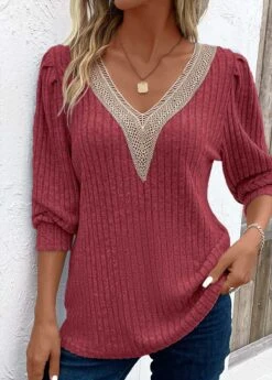 Wine Red Patchwork Long Sleeve V Neck T Shirt -Modlily Shop 343442 P 16956187101702