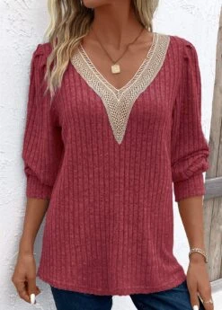 Wine Red Patchwork Long Sleeve V Neck T Shirt -Modlily Shop 343442 P 16956187101945