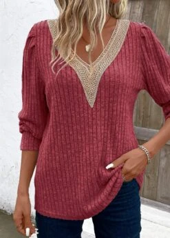 Wine Red Patchwork Long Sleeve V Neck T Shirt -Modlily Shop 343442 P 16956187104784