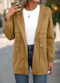 Light Camel Pocket Long Sleeve Hooded Coat -Modlily Shop 343445 P 16977163850350