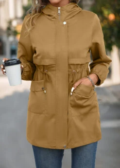 Light Camel Pocket Long Sleeve Hooded Coat -Modlily Shop 343445 P 16977163865795