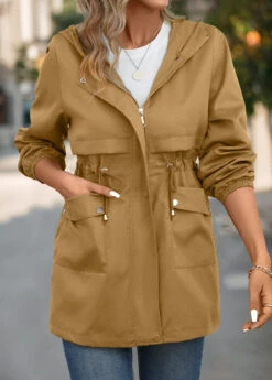 Light Camel Pocket Long Sleeve Hooded Coat