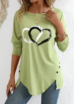 Avocado Green Split Heart Print Long Sleeve T Shirt 10 Avocado Green Split Heart Print Long Sleeve T Shirt -Modlily Shop 343449 P 16978017262272