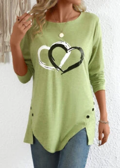 Avocado Green Split Heart Print Long Sleeve T Shirt 12 Avocado Green Split Heart Print Long Sleeve T Shirt -Modlily Shop 343449 P 16978017273604