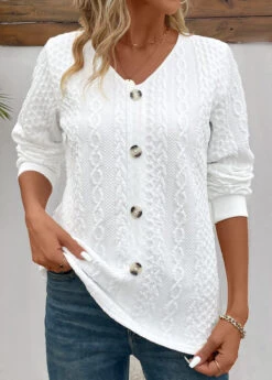 White Button Long Sleeve V Neck Sweatshirt