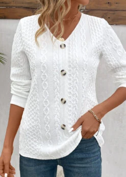 White Button Long Sleeve V Neck Sweatshirt -Modlily Shop 343547 P 16977163032994