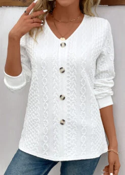 White Button Long Sleeve V Neck Sweatshirt -Modlily Shop 343547 P 16977163034605