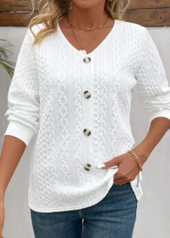 White Button Long Sleeve V Neck Sweatshirt -Modlily Shop 343547 P 16977163036003