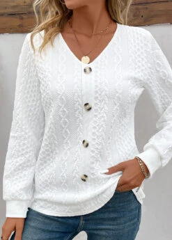 White Button Long Sleeve V Neck Sweatshirt -Modlily Shop 343547 P 16977163037162