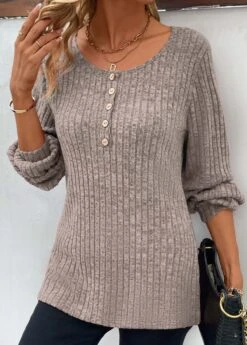 Light Camel Button Long Sleeve Round Neck T Shirt -Modlily Shop 343569 P 16958787252142