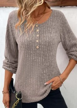 Light Camel Button Long Sleeve Round Neck T Shirt -Modlily Shop 343569 P 16958787257893