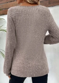 Light Camel Button Long Sleeve Round Neck T Shirt -Modlily Shop 343569 P 16958787258421